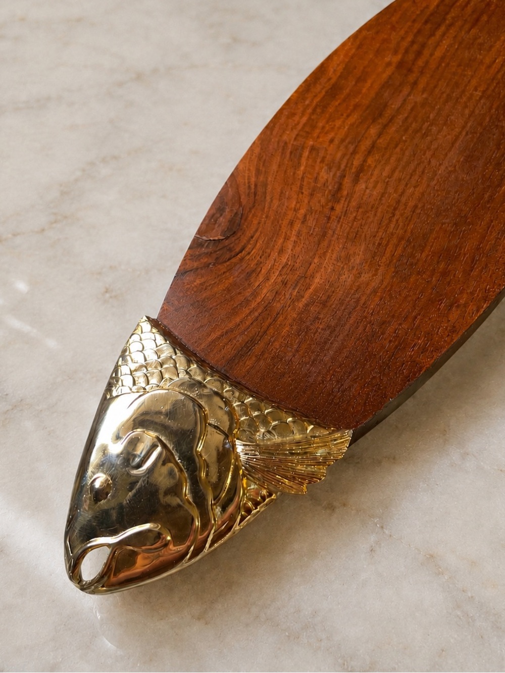 Vintage Ted Arnold Salmon Serving Platter | Gold & Wood Charcuterie Cheese Board - Picture 4 of 5